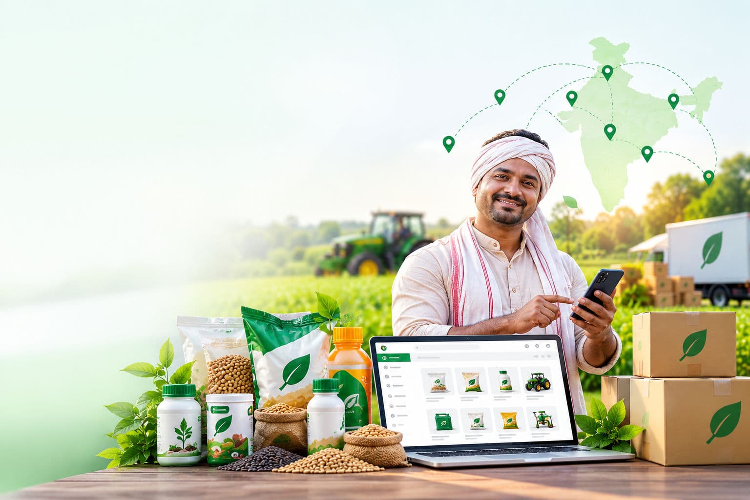 Seller using a smartphone beside a laptop showing an online agri marketplace, with seeds, fertiliser packs and shipping boxes, and a map of India marking delivery locations